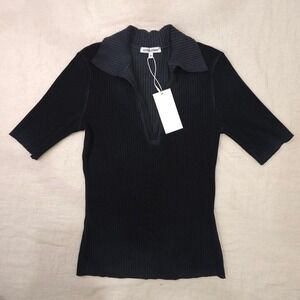 Cotton Citizen black ribbed short sleeve top with collar. Size M